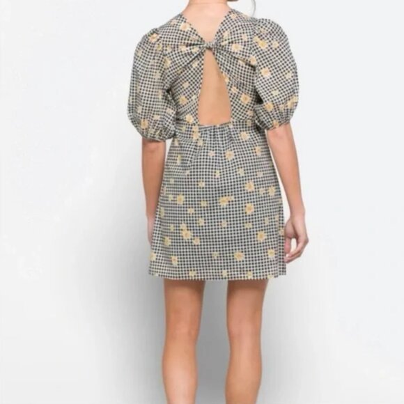 NEW En Saison Covert Mini Dress Gingham Yellow Flowers Puff Sleeve Cut Out M NWT - Picture 4 of 15